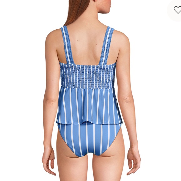 Lands' End Smocked Tankini Top and High Waisted Blue and White Striped 2 piece - Picture 6 of 7